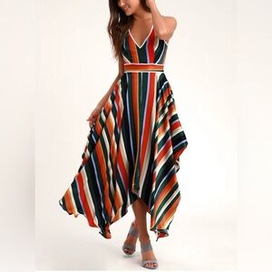 Lulus Uplifting Forest Green Multi Striped Satin Handkerchief Dress Size XS